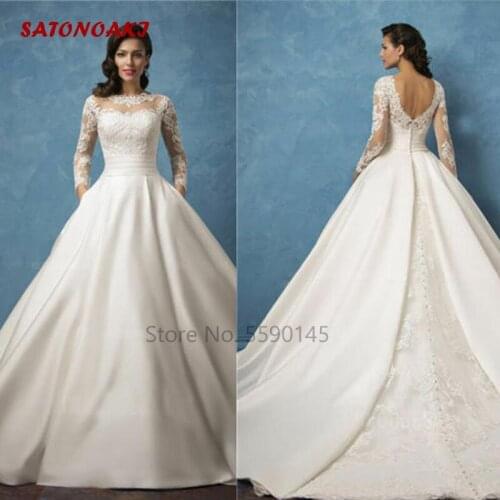 2020 Elegant Satin Wedding Dress Long Sleeve Jewel Neck Bridal Gown Lace A Line Beach Vestido De Novia Mariage Undefined Online