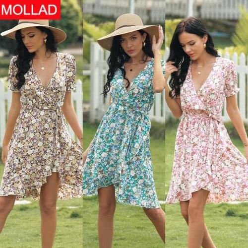 2021 Summer New High Waist Sexy Fashion V-neck Floral Belt Dress Asymmetric Skirt
