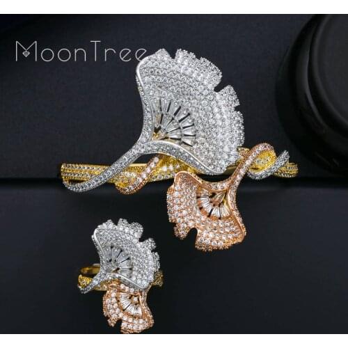 MoonTree Lxury Ginkgo Leaf Women Wedding Bridal Full Micro AAA Cubic Zirconia Bangle Ring Dubai Dress Jewelry Set