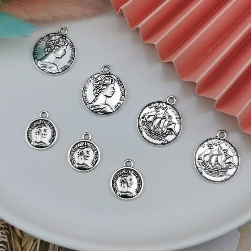10pcs Vintage Queen Coin Alloy Charms Earring Round Shape Beauty Head Pendants Findings Angel Bracelet Key Diy Jewelry Accessory