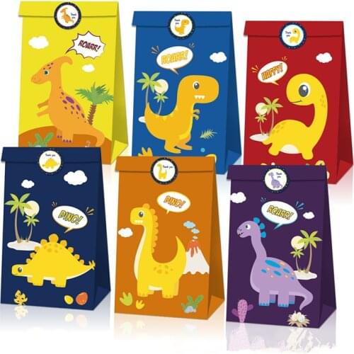 12pcs Dinosaur Party Theme Supplies Kids Snack Biscuit Paper Gift Bag Animal Jungle Birthday Party Decor Baby Shower Candy Box