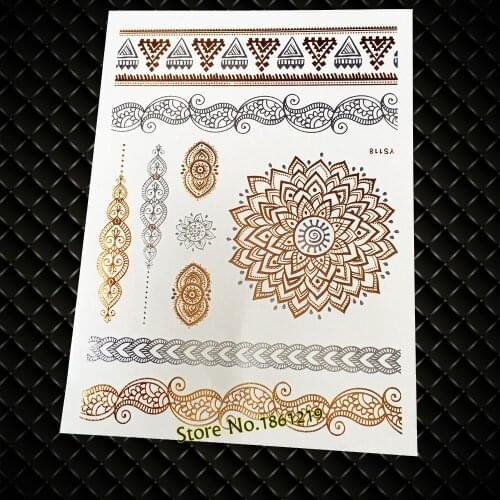 25 Style Chic Gold Metallic Mandala Flower Temporary Tattoo Waterproof Paisley Bracelet Tatoo Body Art Fake Flash Tattoo Sticker