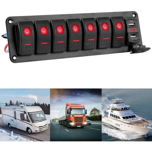 7 Gang Rocker Switch Panel Dual USB Chargers Digital Voltage Display 12V/24V Car Truck Bus Ship Marine Circuit Breaker