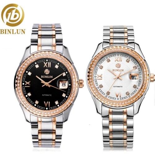 BINLUN Mens Skeleton Watches Classic Luxury Automatic Chronograph Diamond Top Business Mens Mechanical Self-Wind Wristwatch