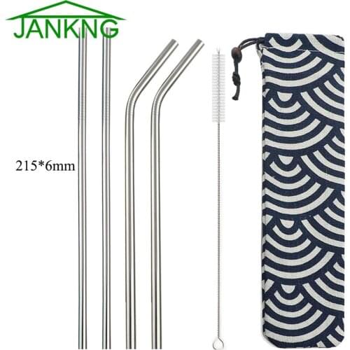 JANKNG 6Pcs Reusable Drinking Straw High Quality Silver 304 Stainless Steel Metal Straw with Bag Cleaner Brush For Mugs 20/30oz