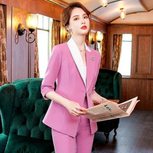 Quality Two Piece Set Women Business Wear Fashion Ladies Half Sleeve Slim Jackets Blazers Women And Straight-Leg Pants LS081