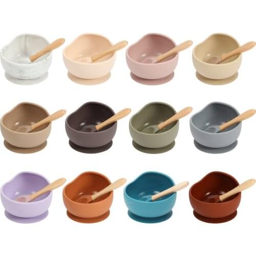 Baby Silicone Feeding Set Wooden Spoon Suction Bowl Baby Plate Kids Toddler Assist Tableware BPA Free High Quality Silicone