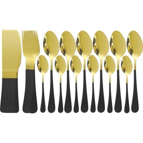 24Pcs Black Gold Dinnerware Set Knife Fork Spoon Cutlery Set Stainless Steel Dinner Set Flatware Gold Kitchen Tableware Set