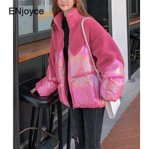 2020 New Warm Winter Faux Lambswool Patchwork Jacket Korean Women Parka Sweet Preppy Style Thicked Loose Cotton Padded Coats