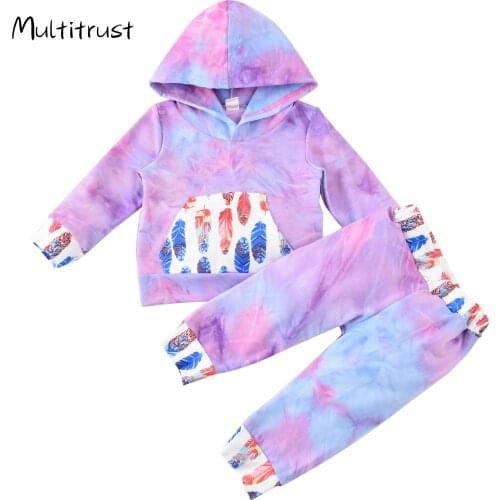 Baby Girl Clothes Long-sleeve Trousers Suit Fresh Feather Tie-dye Hooded T-shirt and Elastic Long Pants 0-24M