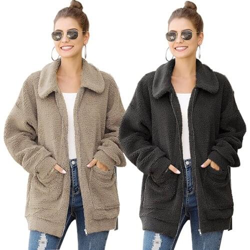 Fad Dulin Clothing Winter New WomenS Woolen Coat Solid Color Loose Casual Zipper Wool Comfortable Warm Fashion