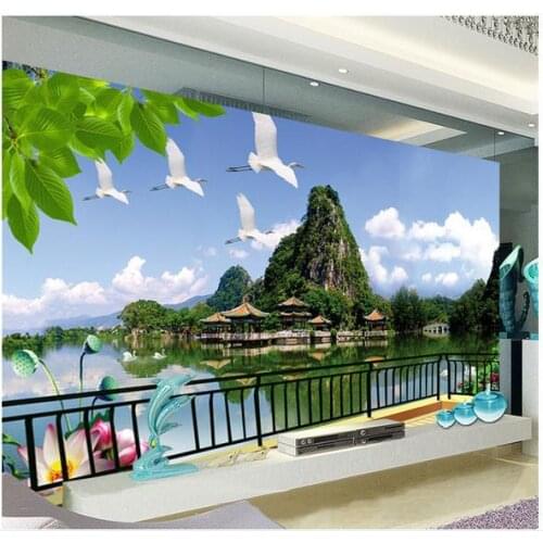 Custom 3d wallpaper 3d wall murals wallpaper Seaside scenery Picturesque jiangnan TV setting wall blue sky white cloud wallpaper