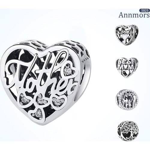 925 Silver Sterling Family Mom Daughter Jewelry Make Charm Fits Pandora Bracelets Christmas Hollow Heart Pattern Jewelry Gift
