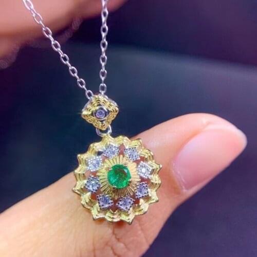 Retro wave Sun flower Natural green Emerald pendant S925 silver Natural gemstone Pendant Necklace women girl party gift jewelry
