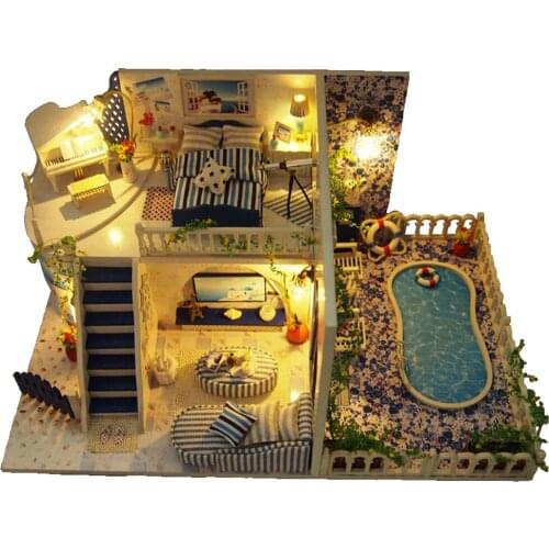 3D DIY Assembly Wooden Doll House Model Santorini Villa Pool Beach House Led Dollhouse Girls Birthday Gift Toys for Children