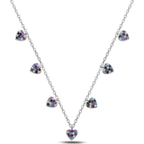 Silverlina Silver Heart Mixed Color Zircon Stone Dangle Necklace