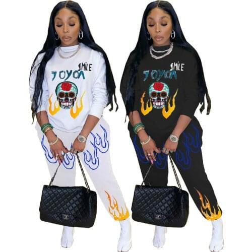 HAOOHU Fire skull Tracksuit 2pcs Women Set Top Sweatshirt+Jogger Pants Two Pieces Sets Women Clothing Suits Female Christmas