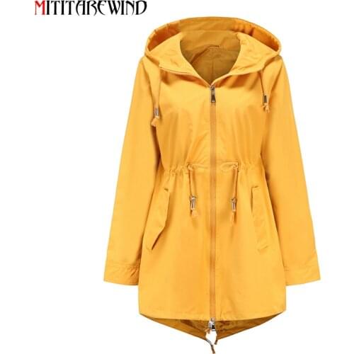 Spring Hooded Trench Jacket Women EU Size Mid-long Waterproof Windbreaker Thin Raincoat Adjustable Waist Drawstring Coat Femme