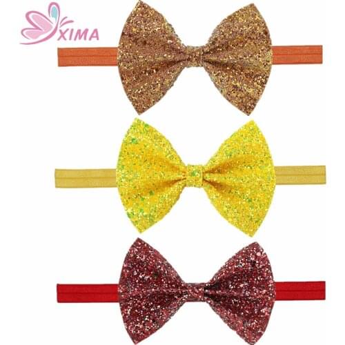 XIMA 1PC 4''Glitter Leather Hair Bow Headband Sequin Bowknot Hairband for Girls Hair Accessories