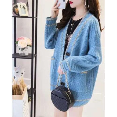 Fad Autumn Spring Womens Long Cardigans Knitted Solid Korean Style Sweater Single Breasted V Neck with Pockets Casual Outwear