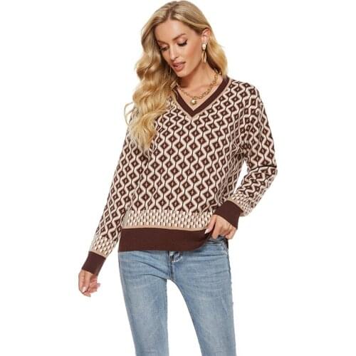 England Style Argyle Knitted Sweaters Women Vintage Knitwear V Neck Long Sleeve Autumn Winter Pullover Jumpers