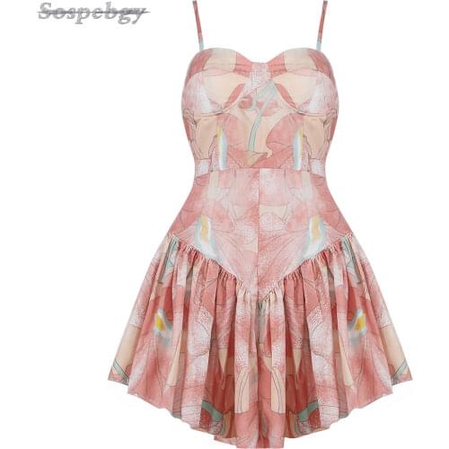 2021 Summer New Womens Sleeveless Thin Strap Floral Print Irregular Ruffled Fashion Elegant Dress Vestido