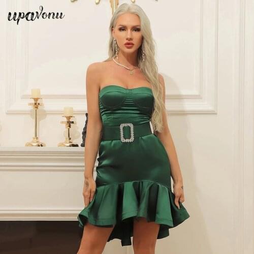 Free Shipping 2021 New Womens Summer Dress Sexy Tube Top Sleeveless Ruffle Bodycon Halter Satin Dress Club Evening Party Dress