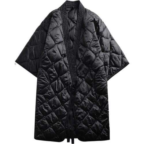 Dark Black Winter Japanese Kimono Straps Robe 2021 Winter Warm Thicke Loose Long Cotton Coat Jacket Female Temperament Parkas