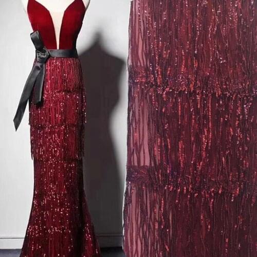2020 High quality guipure lace sequence lace sequin embroidery tulle lace fabric for women dress Wine ZX30751