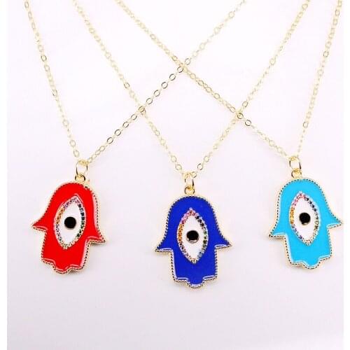 6PCS, Fashion Women Jewelry Link Chain Necklace Hamsa Hand Enamel Eyes Charm Pendant Necklaces