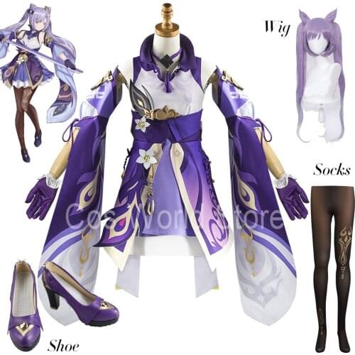 Anime Genshin Impact Keqing Cosplay Costumes Game KeQing Impact Purple Women Dress Outfit Wig Shoes Earring Suit Halleoween Cos