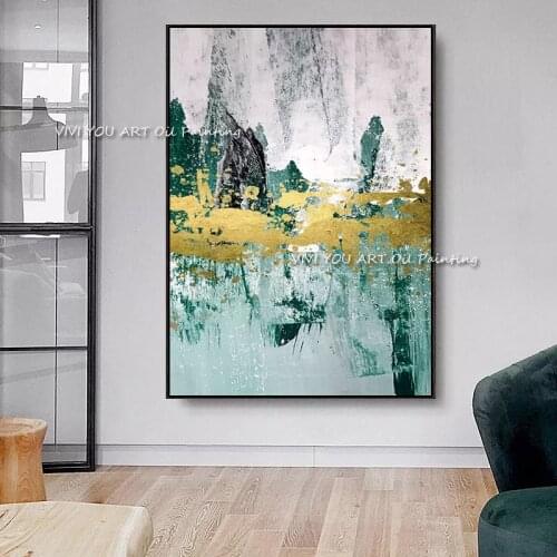 Big size Handmade thick knife abstract oil painting Gold blue green gorgeous abstract Painting home Decor Oil Painting on Canvas