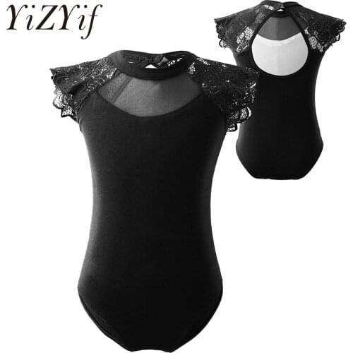 Kids Children Lace Ruffled Sleeves Hollow Back Ballet Dancer Gymnastics Leotard Tutu Flower Dress Girls Ballet Class Dancewear