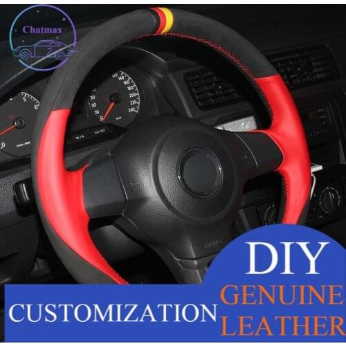 For VW Volkswagen Golf 6 Red Natural Leather Black Suede Car Steering Wheel Cover anti-slip design all season