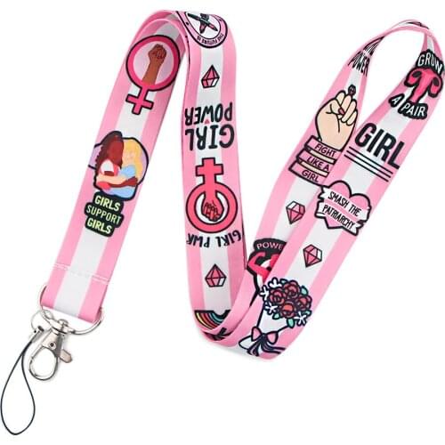 ER225 Pink Feminism Girl Power Lanyards ID Badge Holder ID Card Pass Mobile Phone Straps Badge Key Holder Keychain