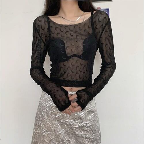 Gothic Moon Print Black T-Shirt Punk Style O Neck Long Sleeve Tops Female Clothing Sexy Skinny Transparent Mesh Tees