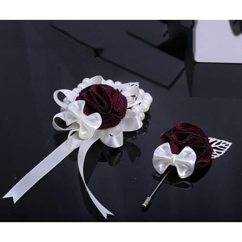 Exquisite Groom Suit Lapel Pin Ribbon Knitted Flower Pearl Handmade Mens Corsage Wedding Party Supplies XH052