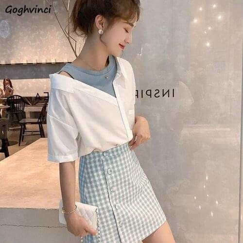 Women Sets Fake Two Pieces Drop-shoulder Patchwork Plaid Mini-skirt Slim Elegant Ladies Soft Comfortable Stylish Leisure Sweet