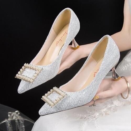 Llogai New Rhinestones High Heels Shoes Woman Pumps Satin Cloth Artificial Crystal Diamond Buckle Work Fashion Sexy Women Shoes