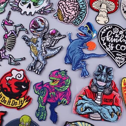Nicediy Dinosaur Patch Iron On Patches On Clothes Stripe Sticker Sewing Punk Mushroom Embroidered Patches For Clothing Applique