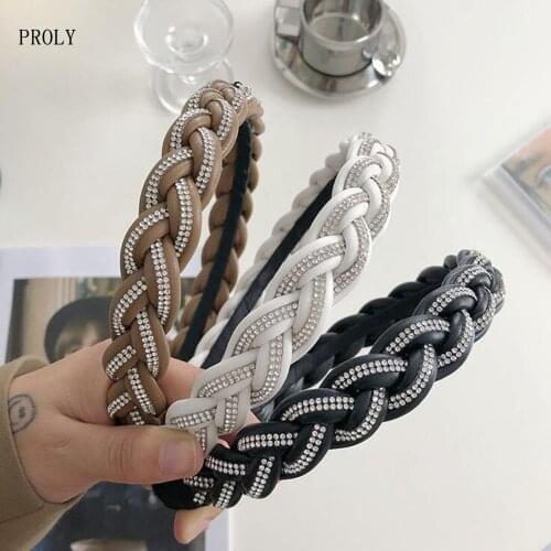PROLY New Fashion Hair Accessories For Women Twist Braid Headband Rhinestone Woven Leather Hairband Wholesale