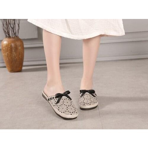 Original Literature and Art Retro-vintage Leather Flat-soled ShoesHollow-out casual breathable slippers