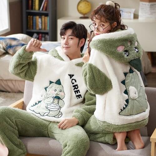 Couples Pajamas Sets Women Men Winter Thicken Pyjamas Sleepwear Cartoon Dinosaur Korean Lovers Homewear Soft Warm Pijama Hoodies