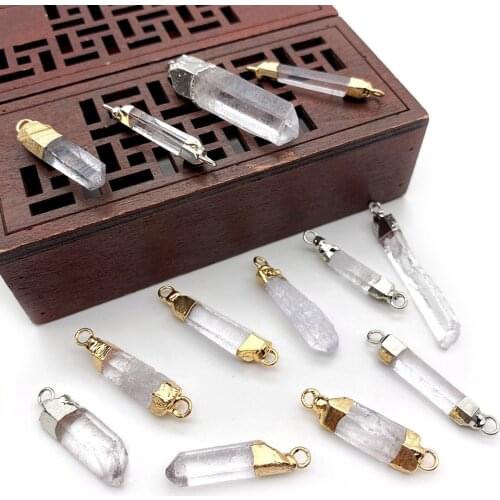 3pcs Natural Stone White Crystal Pendant Double Hole Necklace Pendant Transparent White Electroplating Pendant Irregular Shape