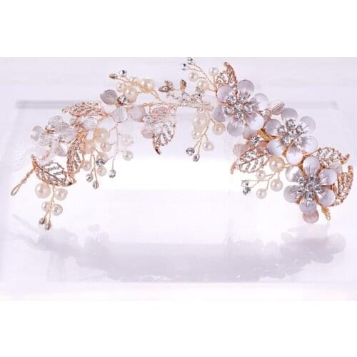 Gold Color Flower Pearl Hairbands Wedding Rhinestone Hair Jewelry Accessories Bridal Women Head Decoration Ornament