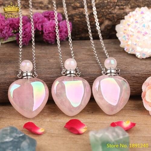 Natural Roses Pink Quartz Heart Perfume Bottle Pendant Necklace Fashion Women Rainbow Crystal Stone Gold Diffuser Bottle Jewelry