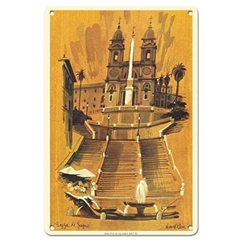 Piazza di Spagna - Rome Italy - Spanish Steps - TWA (Trans World Airlines) - Airline by David Klein c.1950s Metal Tin Sign