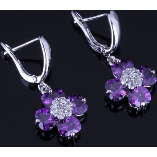 Candy Heart Shaped Purple Cubic Zirconia White CZ Silver Plated Drop Dangle Earrings V0773