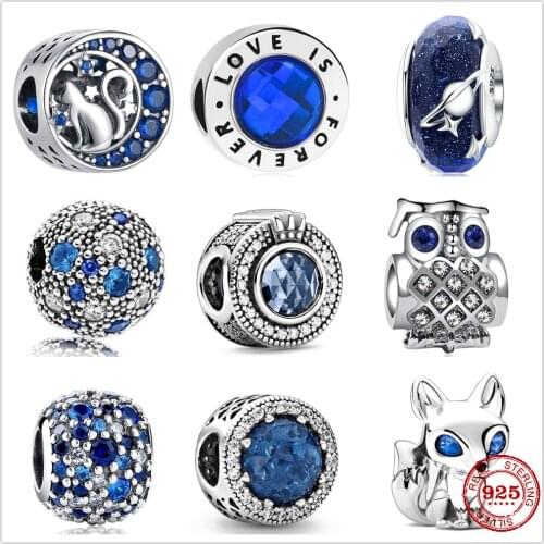 The new Silver Shiny Fox Owl Blue Zircon Collection fit Pandora Charm Silver 925 Bead Bracelets with stylish DIY jewelry