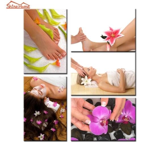 ShineHome-5pcs Canvas Wall Painting Prints Spa Zen Stone Flowers Artwork Spa Nail Body Salon Massage Modular Picture on The Wall